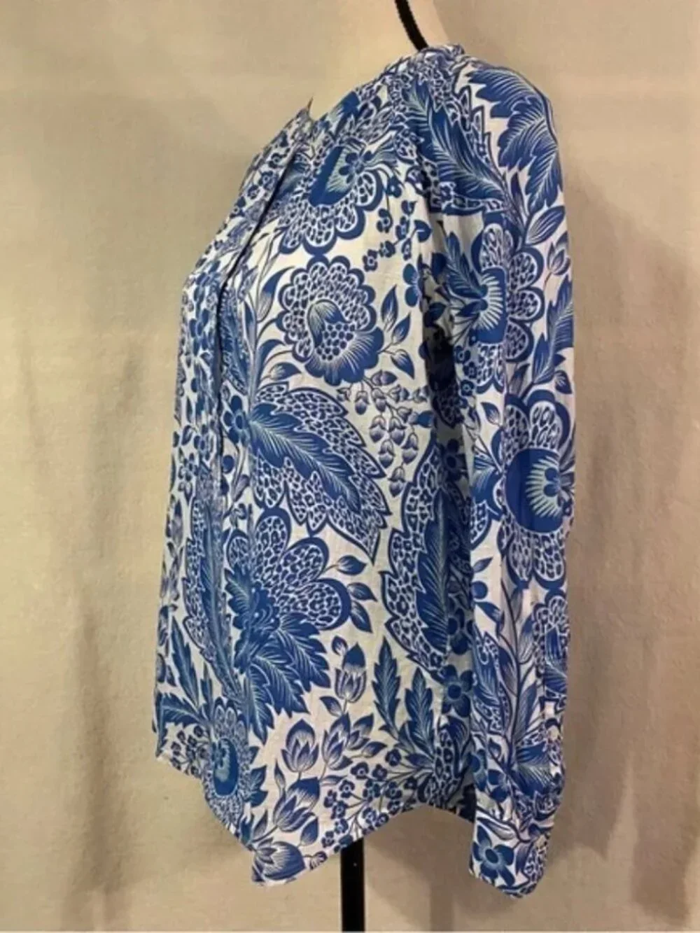 J. Crew Raglan Popover Shirt in blue & white floral paisley print cotton